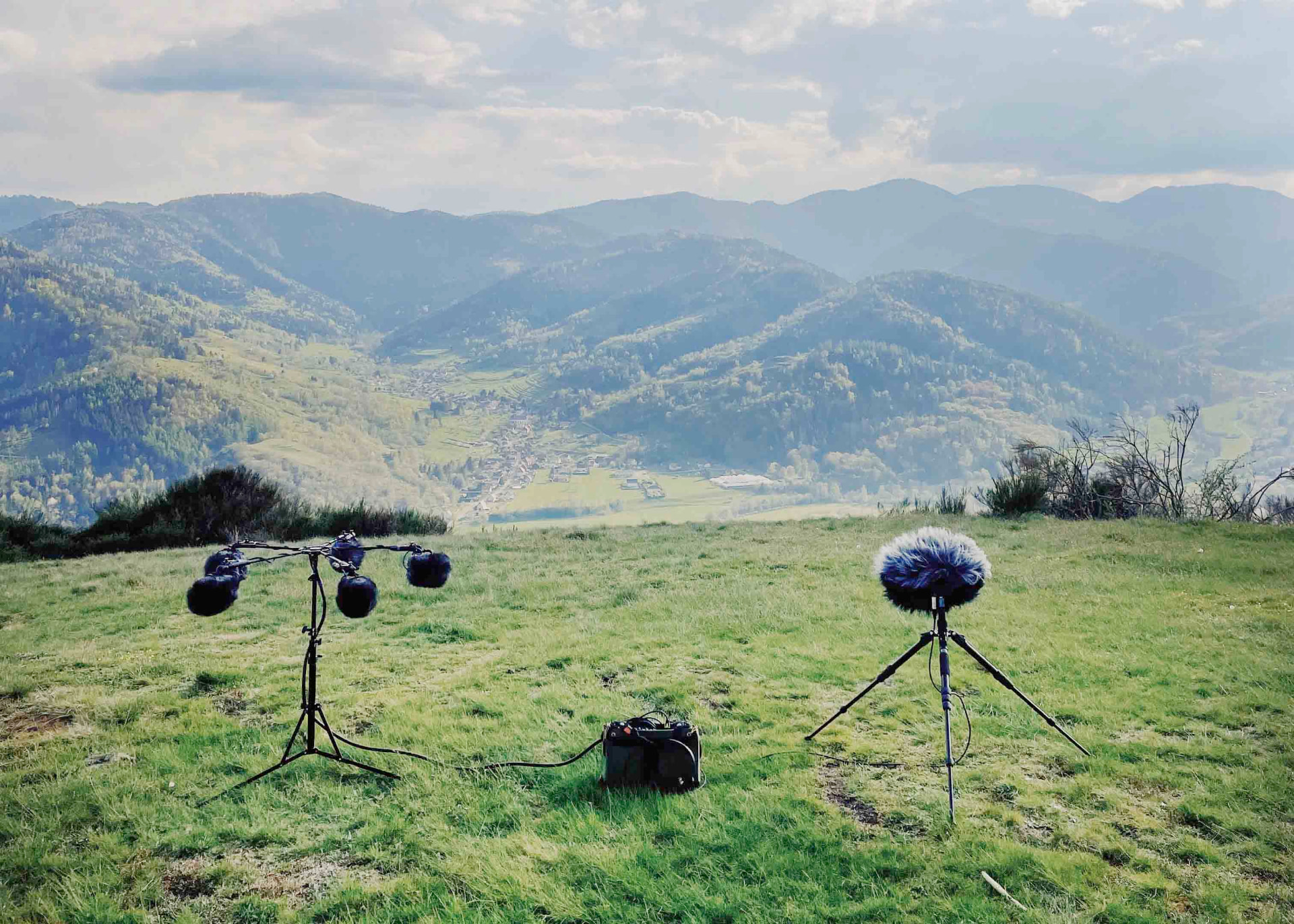 Multichannel microphone array and wind-protected microphone recording in a mountain landscape